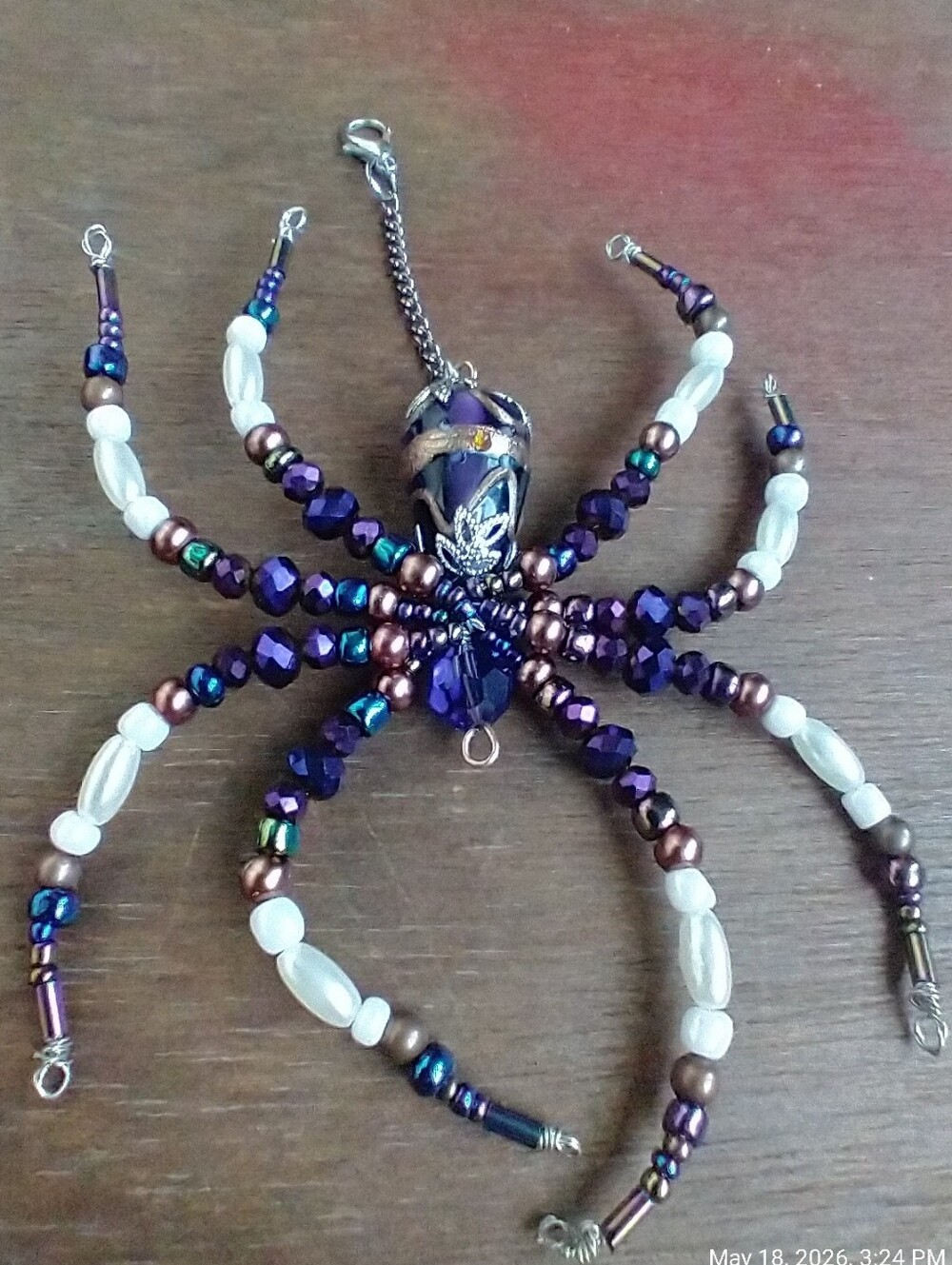 Hand Crafted • Beaded Spider Pendant Necklace - Purple, Brown & Pearl - Picture 8 of 12